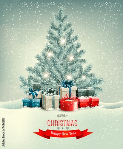 Christmas tree with presents background. Vector.