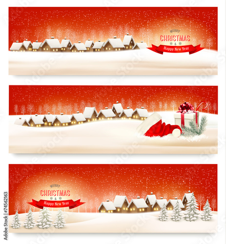 Holiday Christmas banners with villages. Vector.