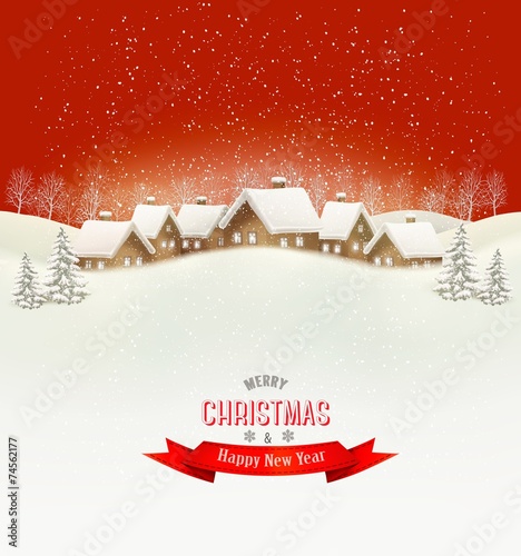 Winter village evening background. Vector.
