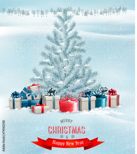 Christmas tree with presents background. Vector.