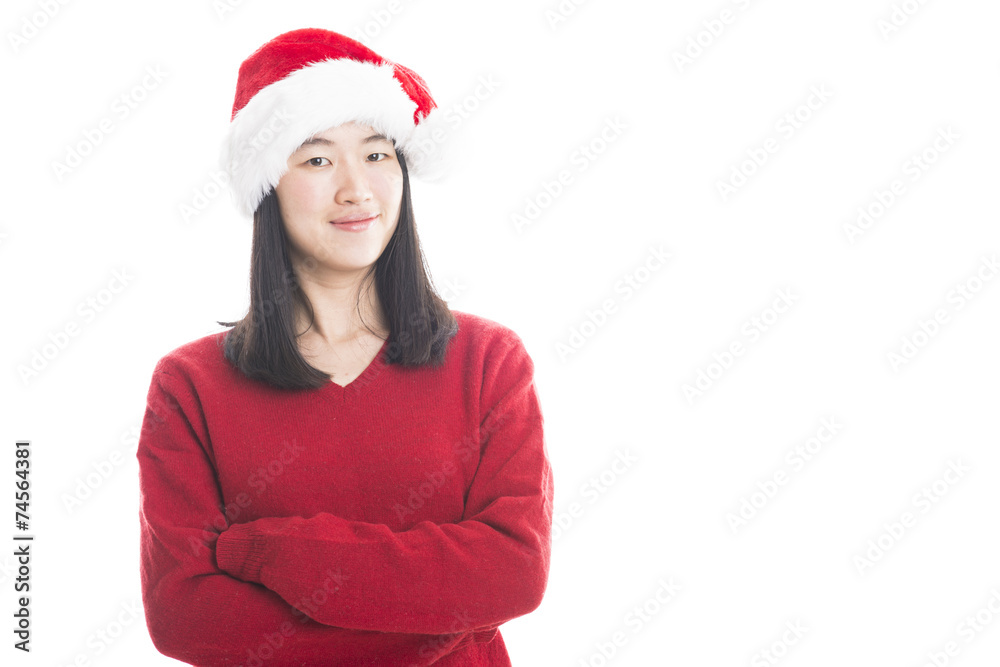 Young asian woman with Christmas hat isolated on white. Young asian woman with Christmas hat isolated on white.