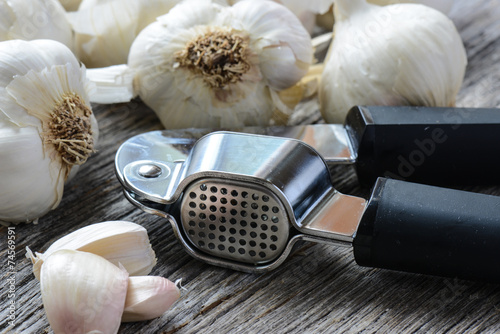 Garlic Press and Garlic Bulb Close Up on Rustic Wood Background photo