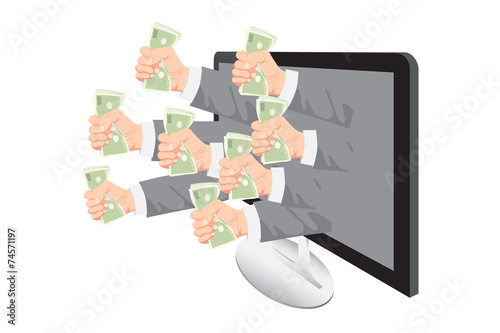 Hand with money and computer monitor isolated