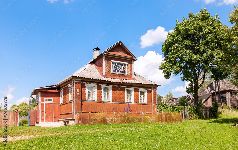 Old wooden house in russian village. Novgorod region, Russia