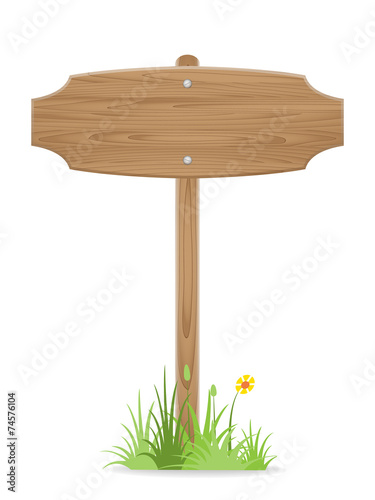 Wooden signpost on grass with flower isolated on white