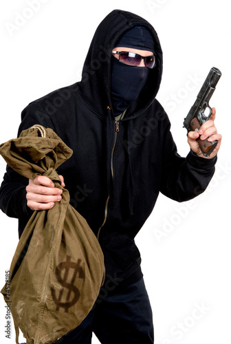 hooded robber with a gun and a bag of money