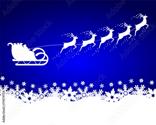 Santa Claus rides in a sleigh reindeer on blue background with s