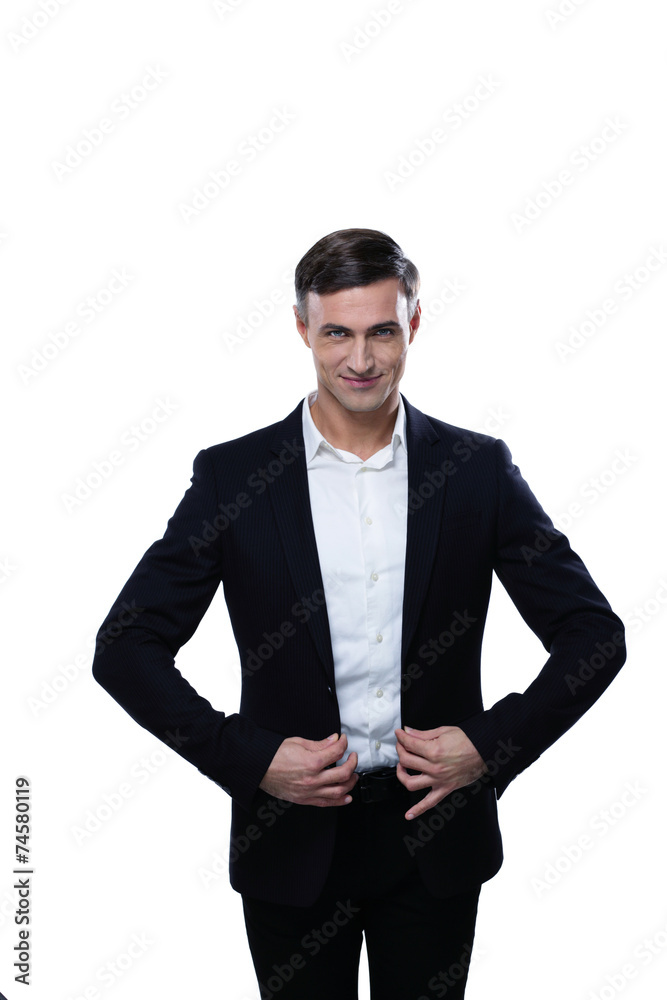 Happy business man in a suit straightens his jacket Happy business man in a suit straightens his jacket