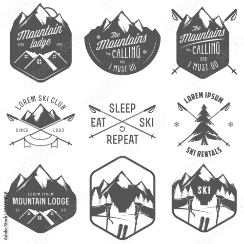 Set of vintage skiing labels and design elements