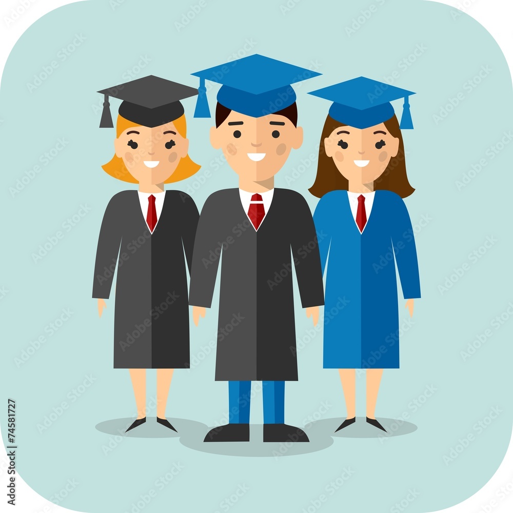 Set of students in graduation gown and mortarboard Set of students in graduation gown and mortarboard