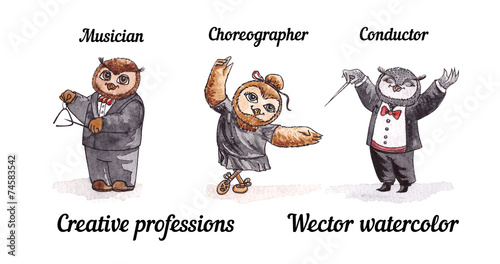 Owls creative professions. Vector watercolor. Birds artists.