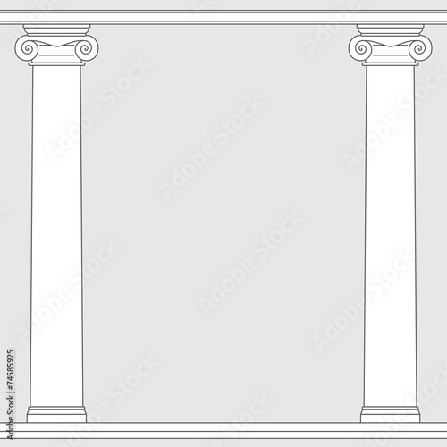 black and white line drawing. Ionic order columns frame