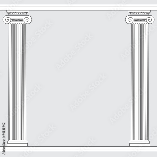 black and white line drawing. Ionic order columns frame