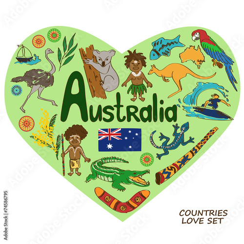 Australian symbols in heart shape concept.