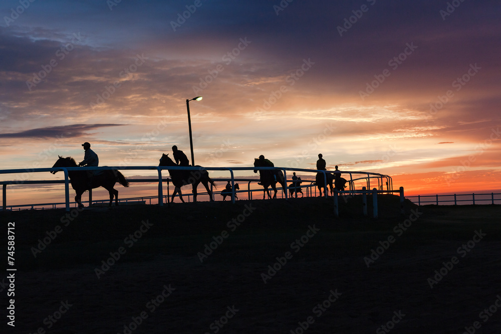 Race Horses Riders Silhouetted Sunrise