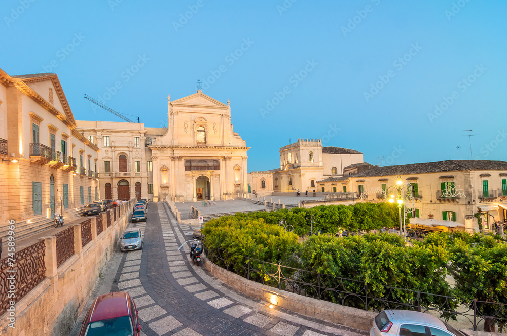 blue hour view of Noto downtown, Sicily, Italy
