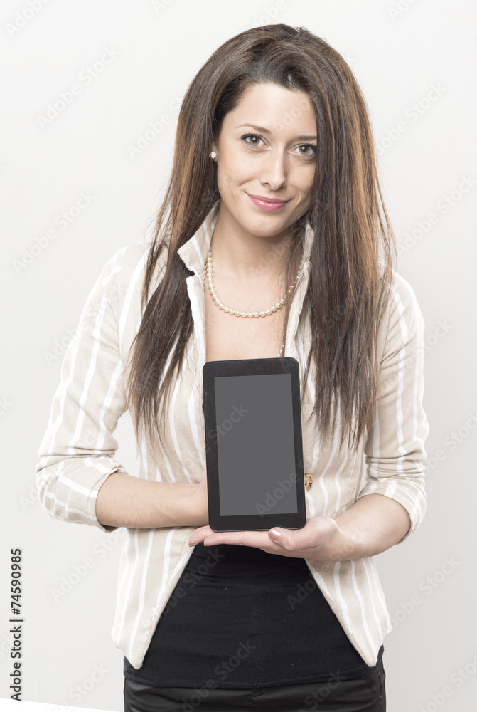 office clerk is showing a tablet
