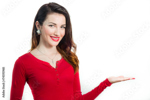sexy girl with palm showing empty space for product insert