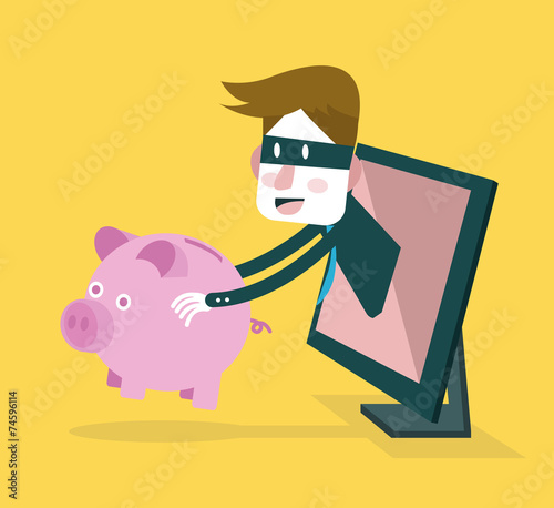 Thief steal piggy bank from computer monitor.vector