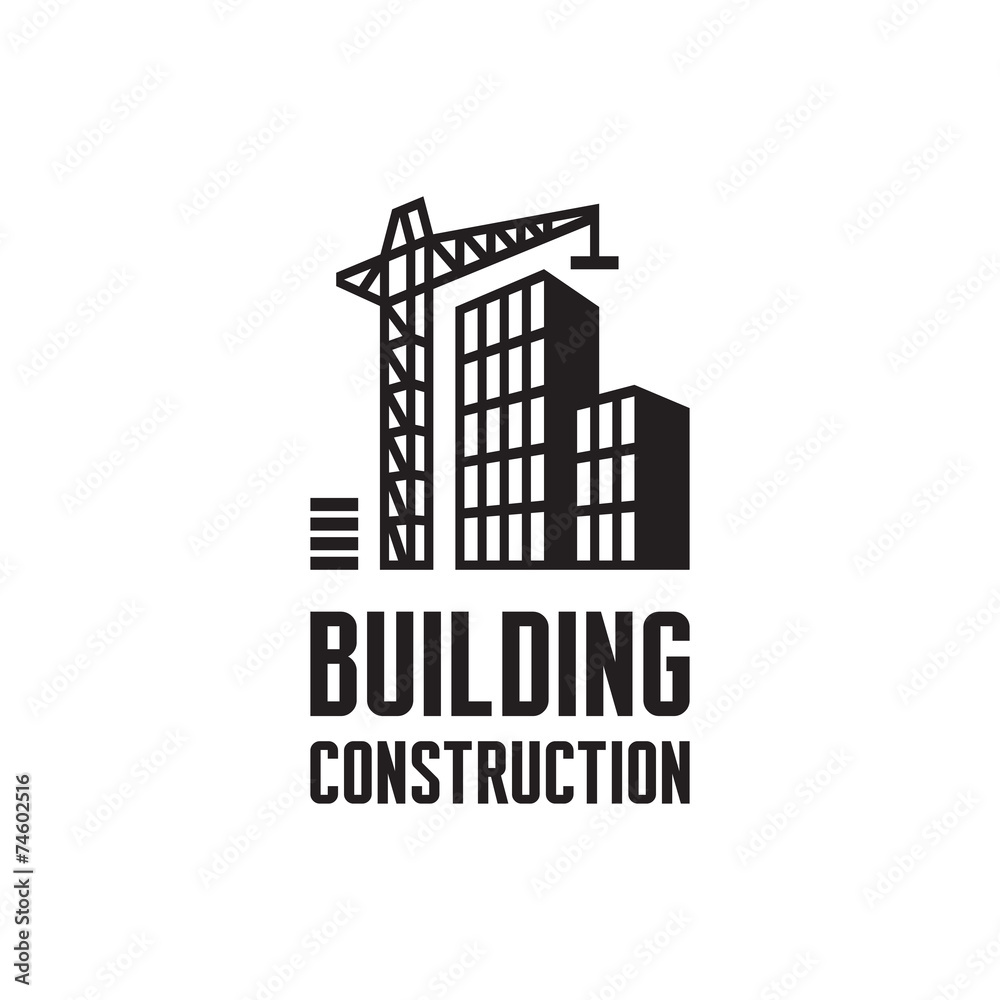 Building construction logo. Crane and building construction.