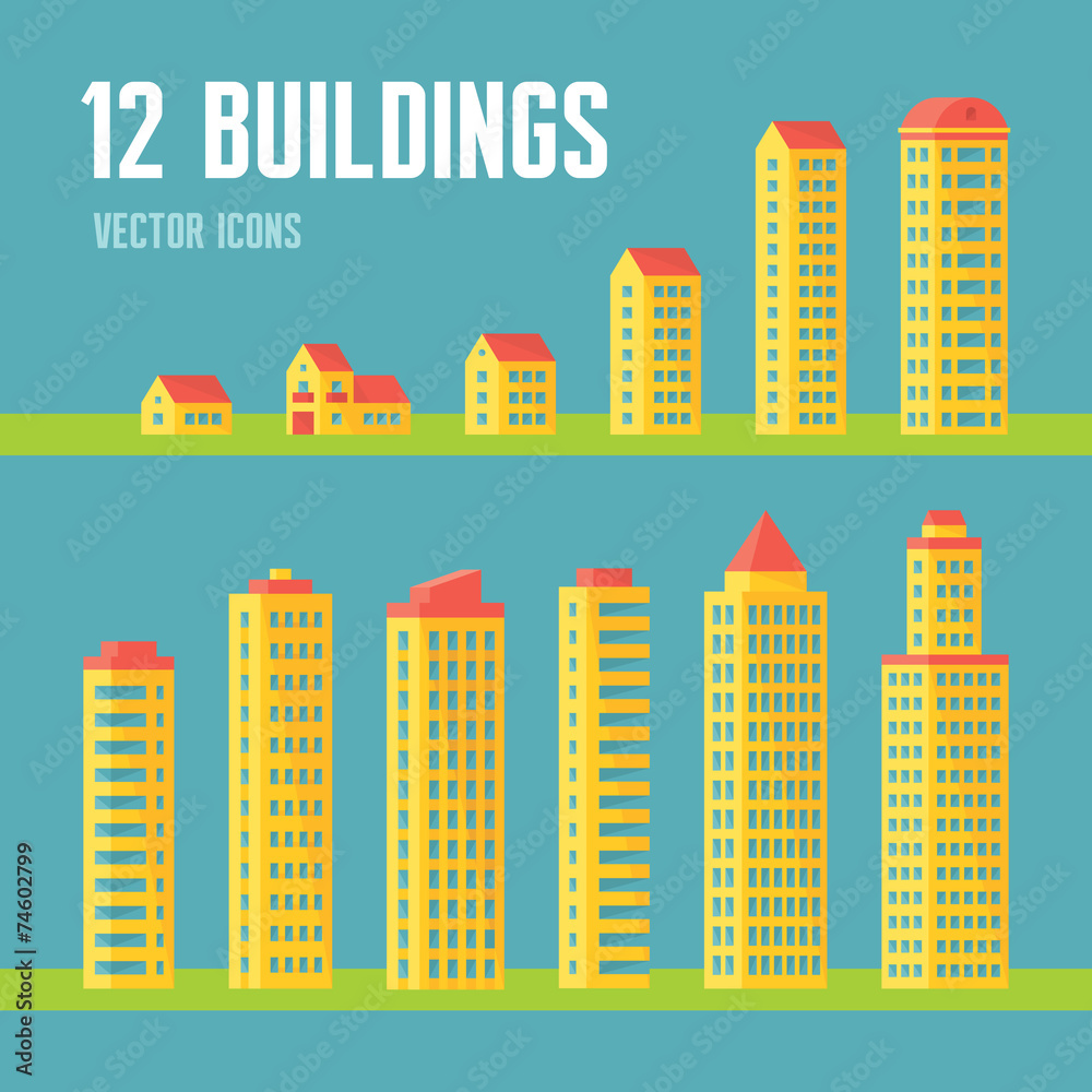 12 building vector icons in flat design style