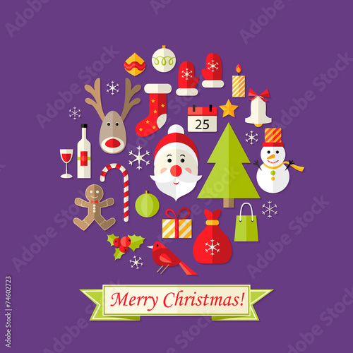 Christmas Card with Flat Icons Set and Santa Claus Purple