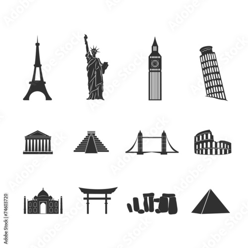 World landmarks black and white icons set