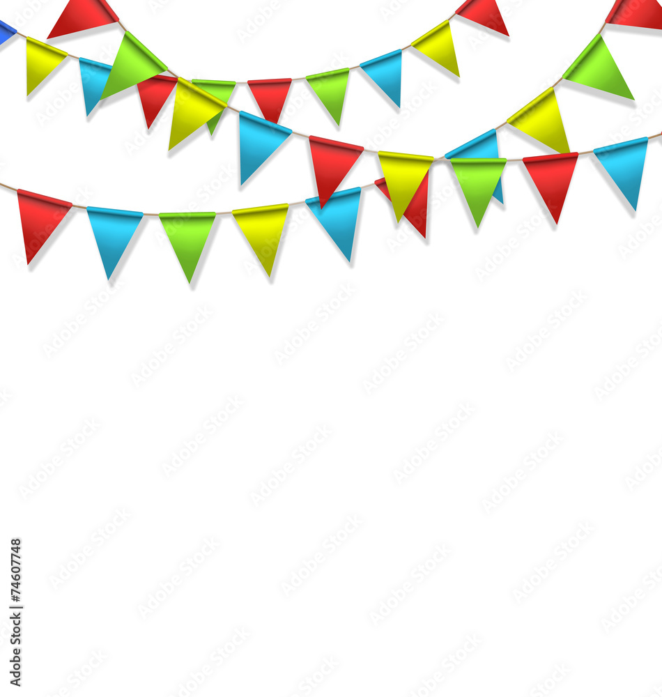 Multicolored bright buntings garlands isolated on white backgrou Multicolored bright buntings garlands isolated on white backgrou