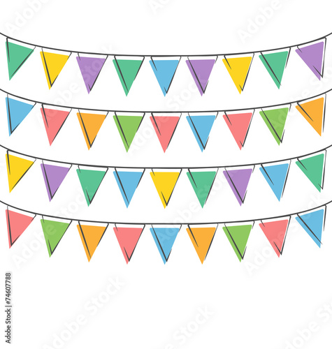 Multicolored bright hand-drawn buntings garlands isolated on whi