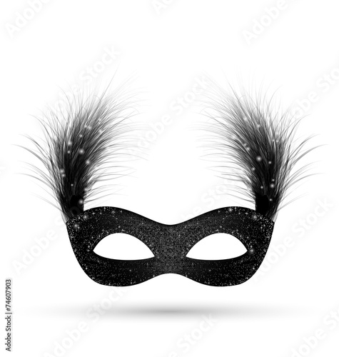 Black carnival mask with fluffy feathers isolated on white backg