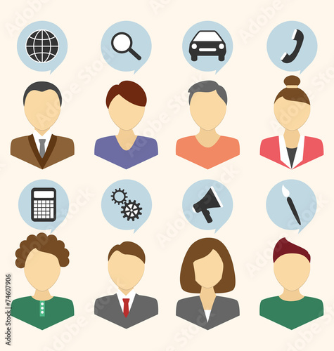 Set of portraits of company's employees isolated on beige backgr