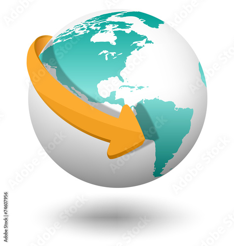 Emblem with white globe and orange arrow isolated on white backg