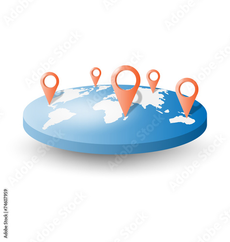 World map with pins isolated on white background