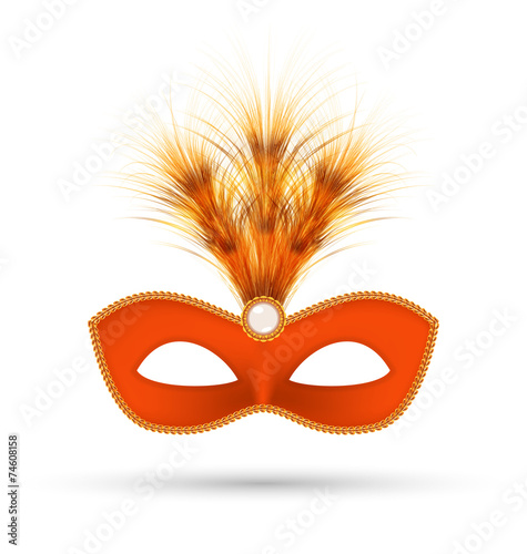 Orange carnival mask with fluffy feathers isolated on white back