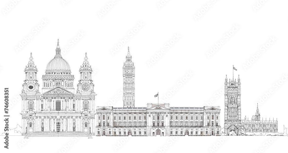 Big Ben, Buckingham palace, St. Paul cathedral, London sketch 