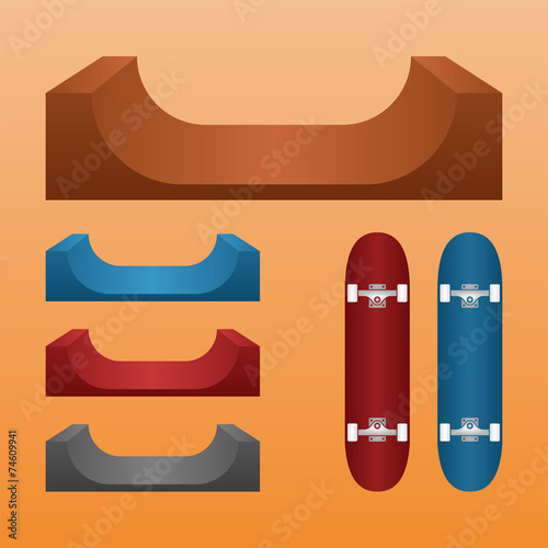 Skateboard ramp set, skateboards
