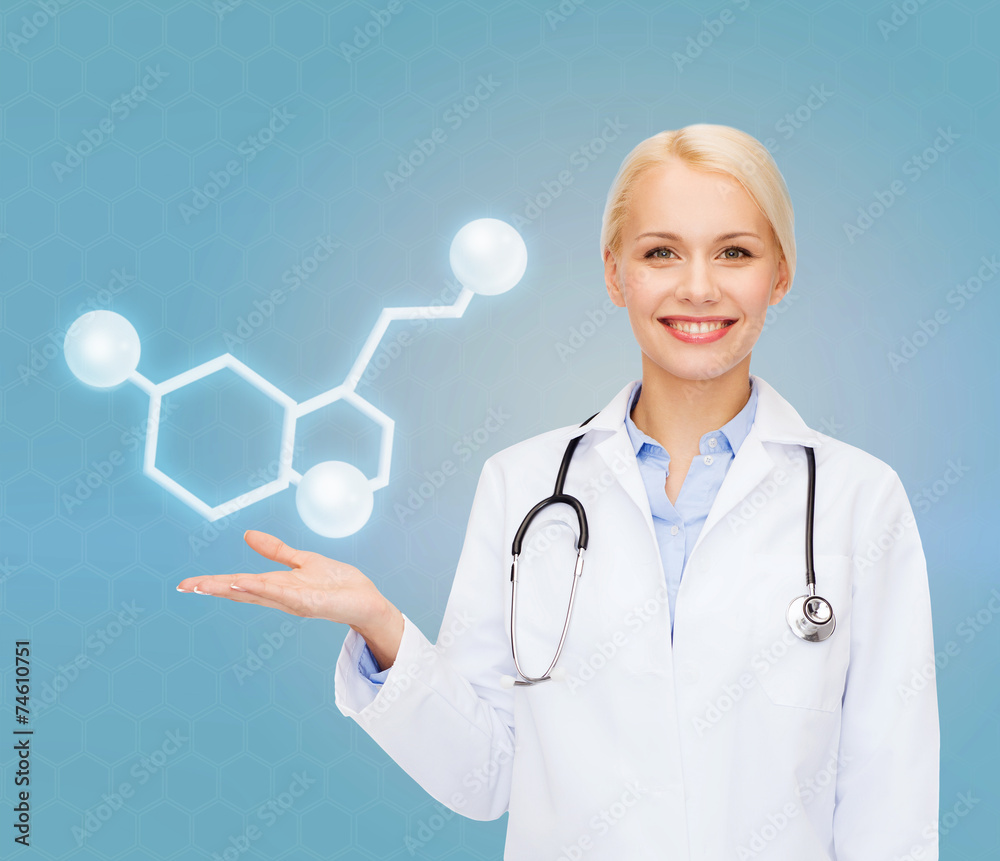 smiling female doctor pointing to molecule smiling female doctor pointing to molecule