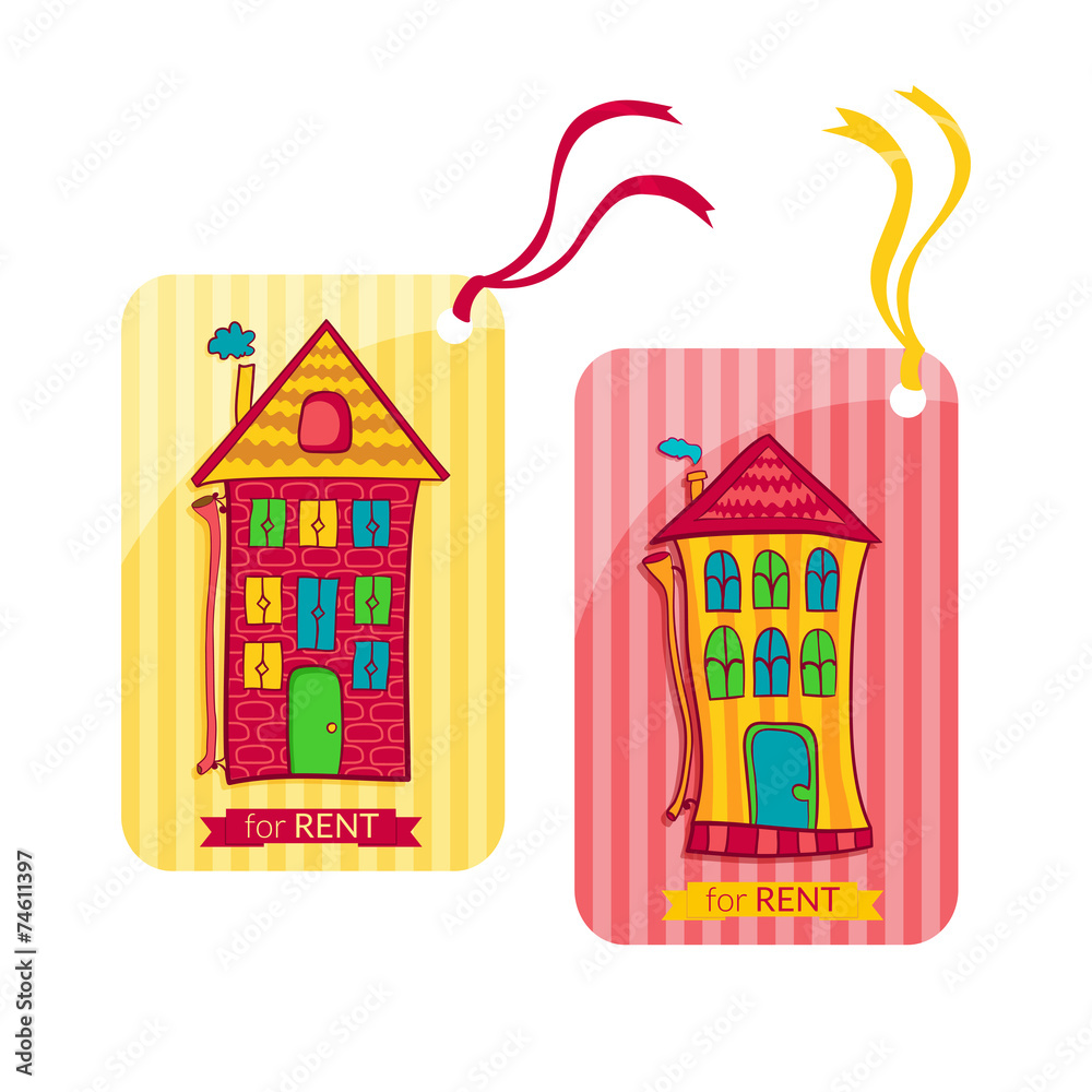 Naklejka premium Two colorful label depicting houses in cartoon style