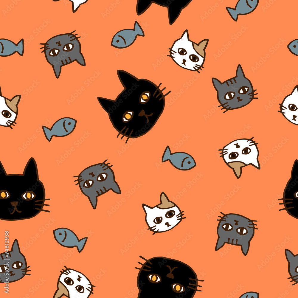 Hand-drawn seamless pattern of cats and fish in orange Hand-drawn seamless pattern of cats and fish in orange