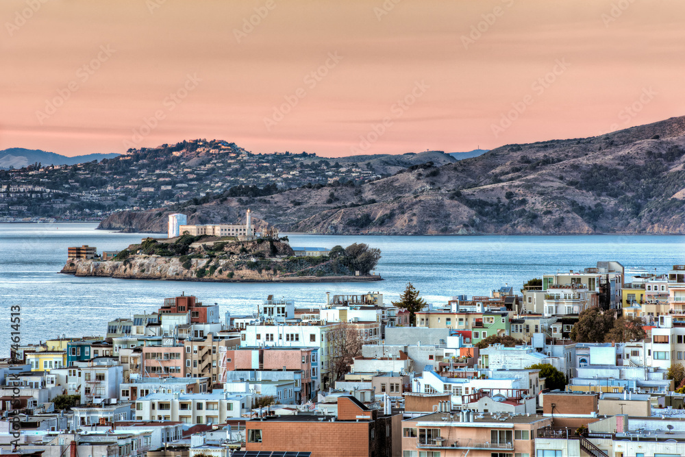 Alcatraz Island in San Francisco Bay at Sunset