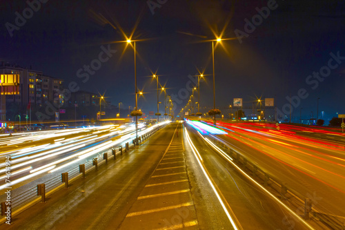 Busy light trail traffic on a freeway of Istanbul