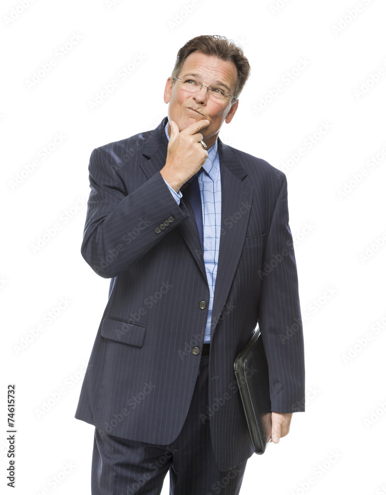 Businessman With Hand on Chin and Looking Up and Over Businessman With Hand on Chin and Looking Up and Over