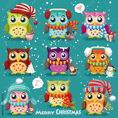 Vintage Christmas poster design with owls, Santa Claus, snowman