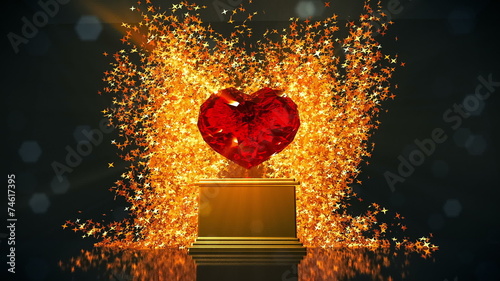 Spinning award statue in ruby and gold, with gold firework.