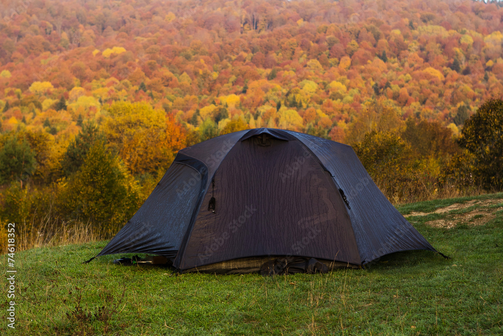 tent in the yellow autumn forest
