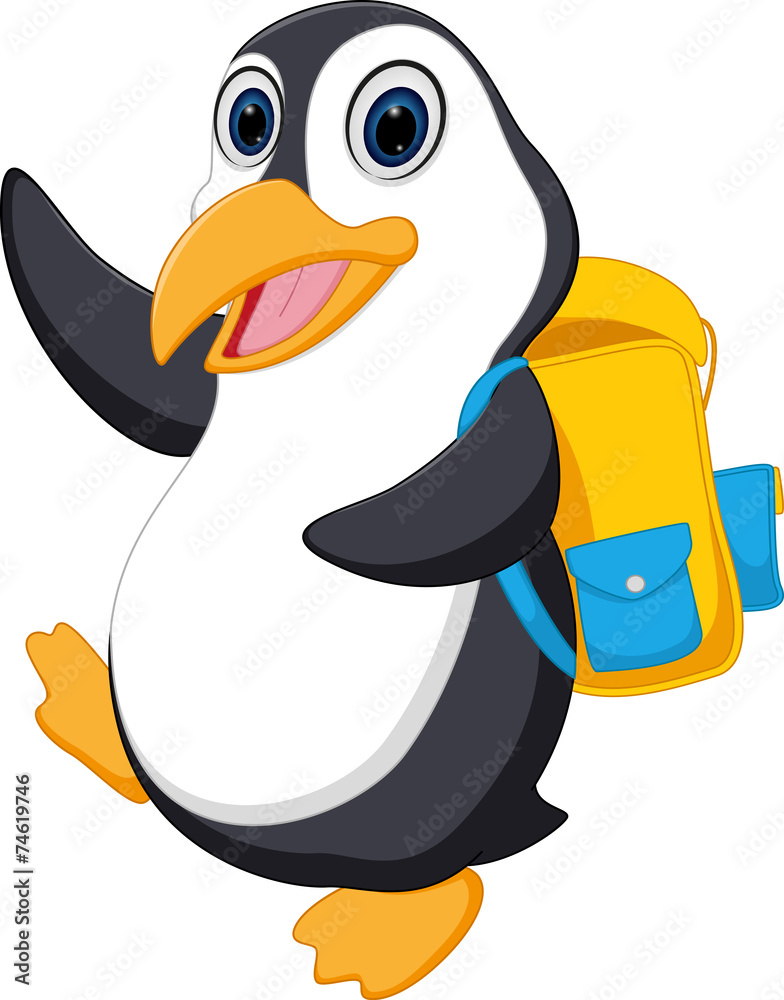 Obraz premium Happy penguin cartoon going to school
