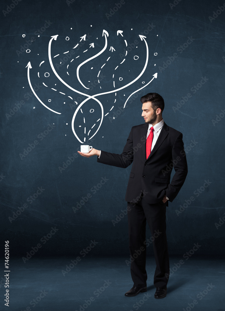 Businessman holding a white cup with lines and arrows Businessman holding a white cup with lines and arrows