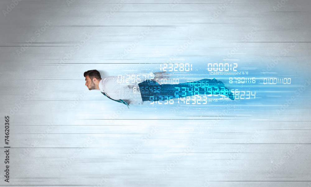 Businessman flying super fast with data numbers left behind Businessman flying super fast with data numbers left behind