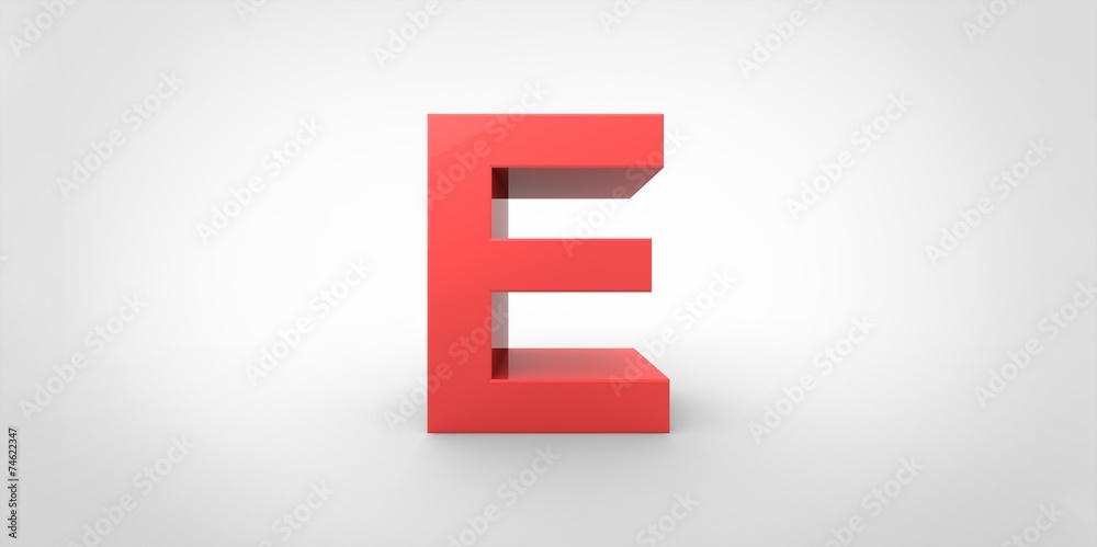 E 3D font big red letter standing on white gray background