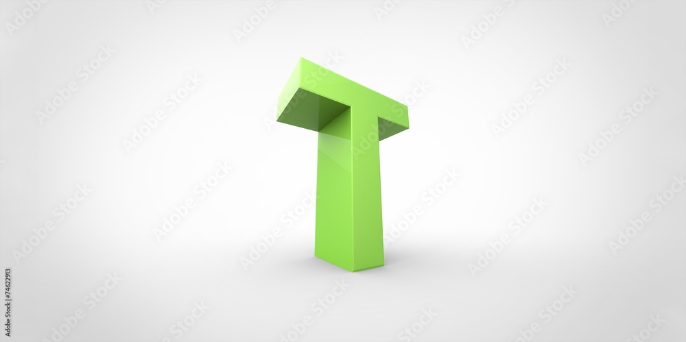 T 3D font big neon green letter on white gray background T 3D font big neon green letter on white gray background